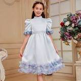 SHEIN Tween Girl's Stand Collar Leg-Of-Mutton Sleeve 3d Ruffle Effect Mid-Length Satin Dress With Small Floral Pattern