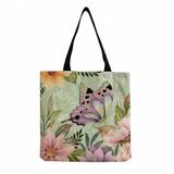 SHEIN Beautiful Butterfly & Flower Printed Tote Bag, Portable Beach Bag With Animal & Flower Pattern, Canvas Bag With Large Capacity, Fashionable Handbag, -