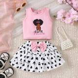 SHEIN Baby Girls' Character & Letter Print Crop Top With Heart Patterned Chiffon Layered Skirt Two-Piece Set