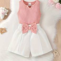 2pcs Baby Girl's Solid Color Summer Set, Sleeveless Ribbed Knitted Vest & Shorts With Bow Decor Set