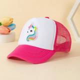 SHEIN 1pc Toddler Girls' Mesh Baseball Cap, Unicorn & Pink Color, Spring/Summer, Sun Protection Hat For Outdoor Activities, Suitable For Everyday Cute Carto