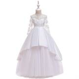 Børne festkjole: Little Merion, hvid: satin kjole med lange ærmer - Str. 6 - 7 år