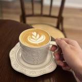SHEIN 1pc Vintage Embossed Ceramic Coffee Cup & Saucer Set, High-End & Unique Design Mark Cup For Desserts And Afternoon Tea