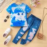 SHEIN Young Girls' Cute Cat 3d T-Shirt And Faux Jeans Leggings Set