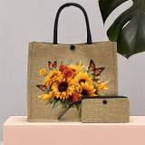 2pcs Sunflower Pattern Tote Bag Set, Lightweight Burlap Shopping Bag With Coin Purse, Portable Travel Beach Bag