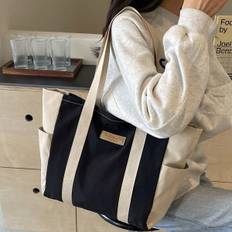 Women New Fashion Simple Color Splicing Large Capacity Commuter Style Canvas Bag Single Shoulder Tote Bag With Small Side Pocket Ultra Large Capacity  - Black