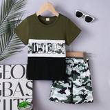 SHEIN Young Boy Summer Color-Blocking Letter Print Top & Camouflage Shorts 2-Piece Set