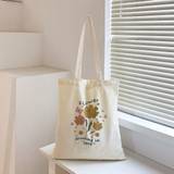 SHEIN 1pc Ladies' Canvas Tote Bag With Beige Base & Orange Leaves, Alphabet Letter And Flower Print