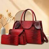 Red Crocodile Pattern ThreePiece Set Large Capacity Tote Bags New Arrivals For  Gifts For Festivals And Office Workers - Red