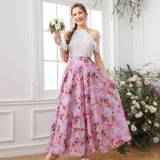 SHEIN Teen Girl's Woven Chiffon Ruffled Halter Top Flower Pattern High Split Maxi Skirt Suit Set