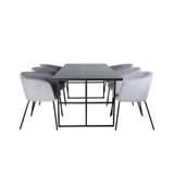 Leif spisebordssæt spisebord røgfarvet glas og 6 Berit stole velour grå.