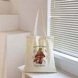 SHEIN One Fashion Canvas Tote Bag For Women, In Beige Color, With Cartoon Frog And Red Mushroom "Do What" Pattern, Convenient And Portable For Outdoor Shopp