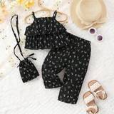Baby Girl Chiffon Ruffle Floral Printed Tank Top And Pants Summer Outfit With Bag pcsSet - Black - 6-9M,9-12M,12-18M,18-24M,2-3Y