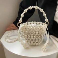 PC Summer Bag Hand Bag Fashionable Purse Bucket Bags Solid Color PVC Drawstring Crossbody Bag With Pearl Decoration Lightweight Portable Shoulder Bags - White