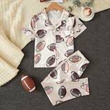 SHEIN Tween Boy's Printed Football Pattern Short Sleeve T-Shirt And Pants Made Of Satin Fabric, 2pcs/Set Home Wear