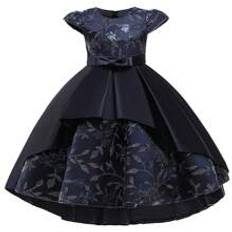 Young Girl Solid Color Satin Embroidered Decor Floral Dress For Wedding Party - Navy Blue - 6Y,7Y,8Y,4Y,5Y