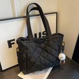 Leisure Simple Solid Color Diamond Lattice Stitching Multiple Pockets Womens Tote Bag With Pendant - Black