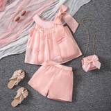 SHEIN Young Girl 2pcs Gorgeous Magic Tape Decorated Beaded Bowknot Vest Top And Shorts Set
