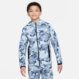Nike Tech Fleece Camo-hættetrøje med fuld lynlås til større børn (drenge) - blå - XS