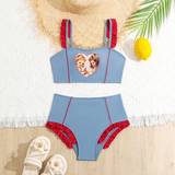 SHEIN Tween Girl Color-Blocked Frill Trim Fashionable Bikini Swimsuit Set Summer