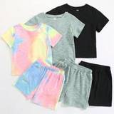 SHEIN 6pcs Young Boys' Casual Tie Dye Satin Colorful Checkered Round Neck Short Sleeve T-Shirt And Shorts Set, Suitable For Holiday Or Home Wear