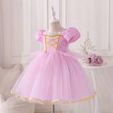 SHEIN Young Girls' Glittering Golden Ribbon Joint Mesh & Fluffy Ball Gown, Suitable For Cindy Princess Birthday Party, Festival Celebration