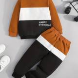 Kid's 2pcs Sweatshirt & Sweatpants Set, Happy Everyday Print Long Sleeve Top, Color Clash Casual Outfits, Boy's Clothes For Spring Fall