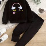 2pcs Girl's Rainbow Embroidered Outfit, Fuzzy Fleece Sweatshirt & Sweatpants Set, Thermal Long Sleeve Top, Kid's Clothes For Spring Fall Winter