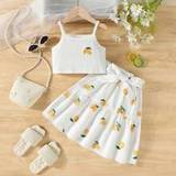 Young Girls Summer New Mango Printed Tank Top  Skirt Set Simple And Chic - White - 6Y,7Y,4Y,5Y