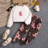 Little Girls Bear Pattern Plush Top And Pants Set - Coffee Brown - 6Y,7Y,4Y,5Y