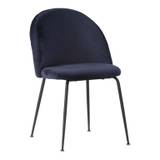 Greve spisebordsstol i blå velour med skålformet ryg og kraftig sort metal stel.