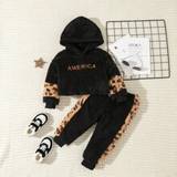 Baby Girl Letter Embroidery Leopard Pattern Teddy Hoodie  Pants - Multicolor - 6-9M,9-12M,12-18M,18-24M,2-3Y