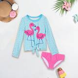 Teen Girls Cute Striped  Flamingo Printed Long Sleeve Top And Bikini Shorts Set Summer Vacation - Baby Blue - 6Y,8Y,10Y,14Y,3-4Y,12Y