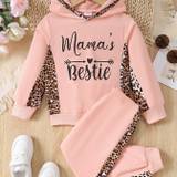 Leopard Pattern Toddler Girl's 2pcs, Hoodie & Sweatpants Set, Mama's Bestie Print Casual Outfits, Kids Clothes For Spring Fall
