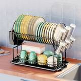 1pc Dish Drying Rack For Kitchen Counter, Large Dish Strainer With Drainboard Set For Sink, 2-tier Dish Drainers With Utensil Holder, Cups Holder, Home Kitchen Supplies, Black