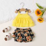 SHEIN Patpat 2pcs Baby Girl 100% Cotton Ruffle Hem Knot Shoulder Cami Top And Sunflower Print Ruffled Shorts Set