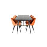 Gold spisebordssæt spisebord udtræksbord længde cm 180 / 220 sort og 6 Velvet stole velour orange, sort.
