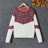 Teen Girl Contrast Leopard Pattern Drop Shoulder Sweater - White - 14Y,13Y,16Y,15Y