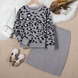 Girls Leopard Print Sweater And Knitted Skirt Set For Big Kids - Multicolor - 8Y,9Y,10Y,11-12Y
