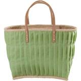 Rice Raffia Shopping Bag - Fabric Covered - Leather Handles - Apple Green Vichy - Large