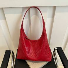 Retro Solid Color Tote Bag Soft Leather PU Shoulder Bag Womens Hobo Handbag For Commuting And Shopping - Burgundy