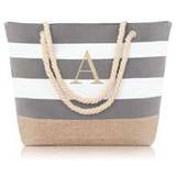 SHEIN 1 Pc Grey Letter Pattern Stripe Multi-FunctionaI Canvas Tote Bags,Waterproof Bag Zipper Personalized Initial Travel Essentials Beach Bag Mother Day Bi