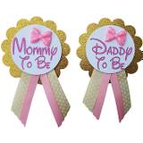 2 Mommy to Be & Daddy to Be Girl Baby Shower Brooches for parents to wear, pink and gold, bow ties or baby sprinkle bows