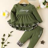 Toddler Baby Girl Cute Outfit - Puff Hem Dress Top + Elastic Pencil Pants Leopard Lace Letter Embroidery Set