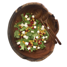 Salats�t i Teak tr� - best�ende af sk�l ca. 30 cm i diameter og 10 cm h�j samt salatbestik
