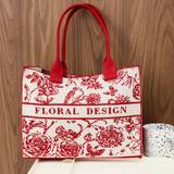 SHEIN New Arrival Large Capacity Knitted Red Flower And Bird Pattern Pink Shoulder Tote Bag, Fashion Shopping Bag For Leisure And Travel, Carry-On Luggage B