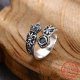 SHEIN 1pc Vintage 925 Sterling Silver Open Ring With Crown, Flower & Scout Design For Men, Adjustable Size, Daily Wear