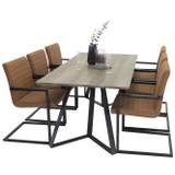 MarinaGRBL spisebordssæt spisebord elletræ dekor grå og 6 Art stole PU kunstlæder brun.