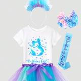 SHEIN Young Girl Mermaid Birthday T-Shirt, Blue & Purple Mesh Tutu Skirt Party Set With Hairband, Hair Clip, Satin Ribbon