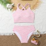 SHEIN Tween Girl Wave Striped Print Holiday Simple Casual Bikini Swimsuit Set